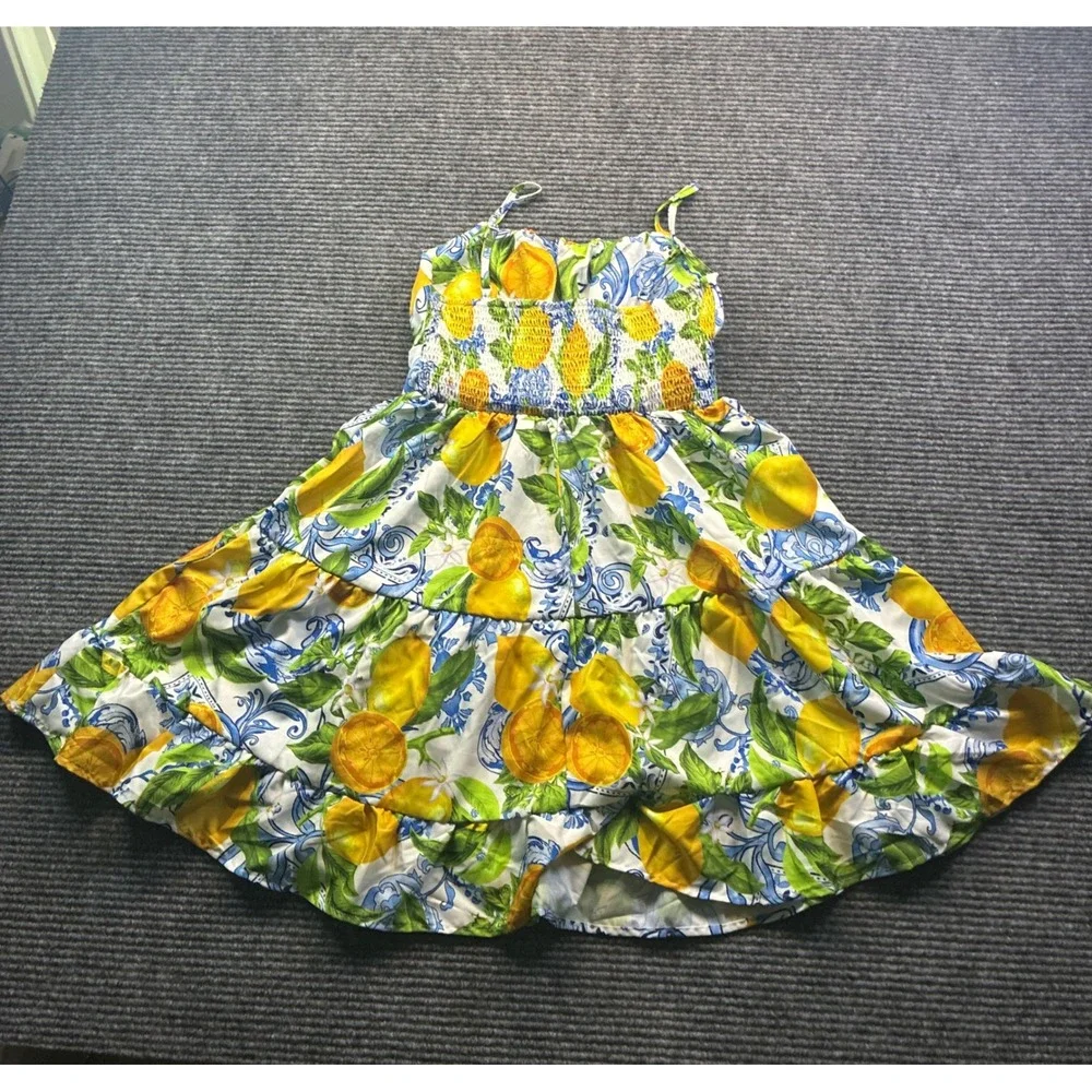Girls Lemon Citrus Tile Print Tiered Smocked Sundress Floral Yellow Blue 12Y